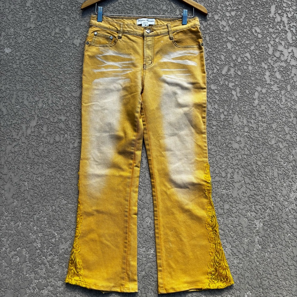 Gianna Pezziga Jeans Flare Lace Yellow Italy Size 44 US 10/12 Boho